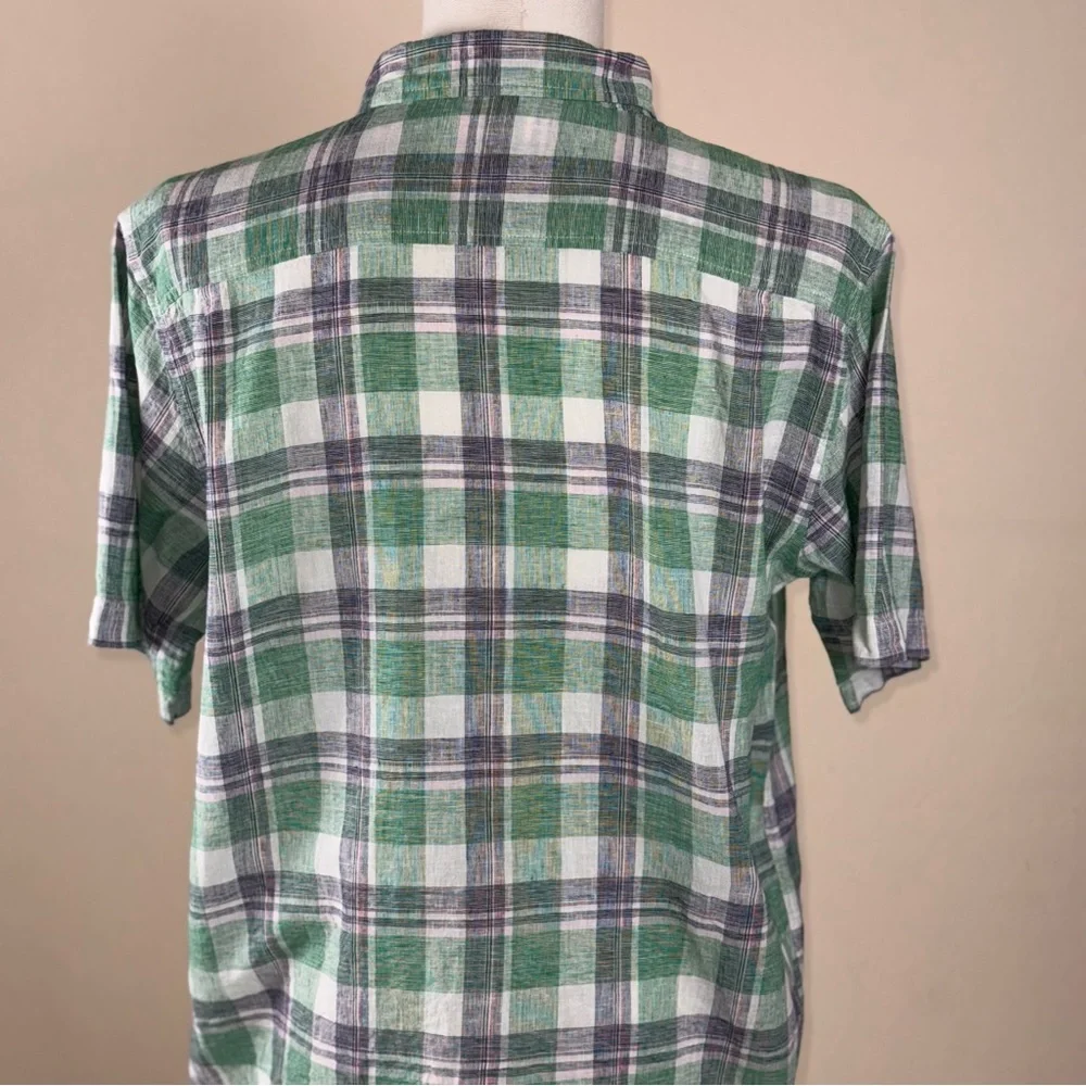 Weatherproof Vintage Men’s Large Linen Green & White Plaid Short Sleeve Shirt - Picture 2 of 10